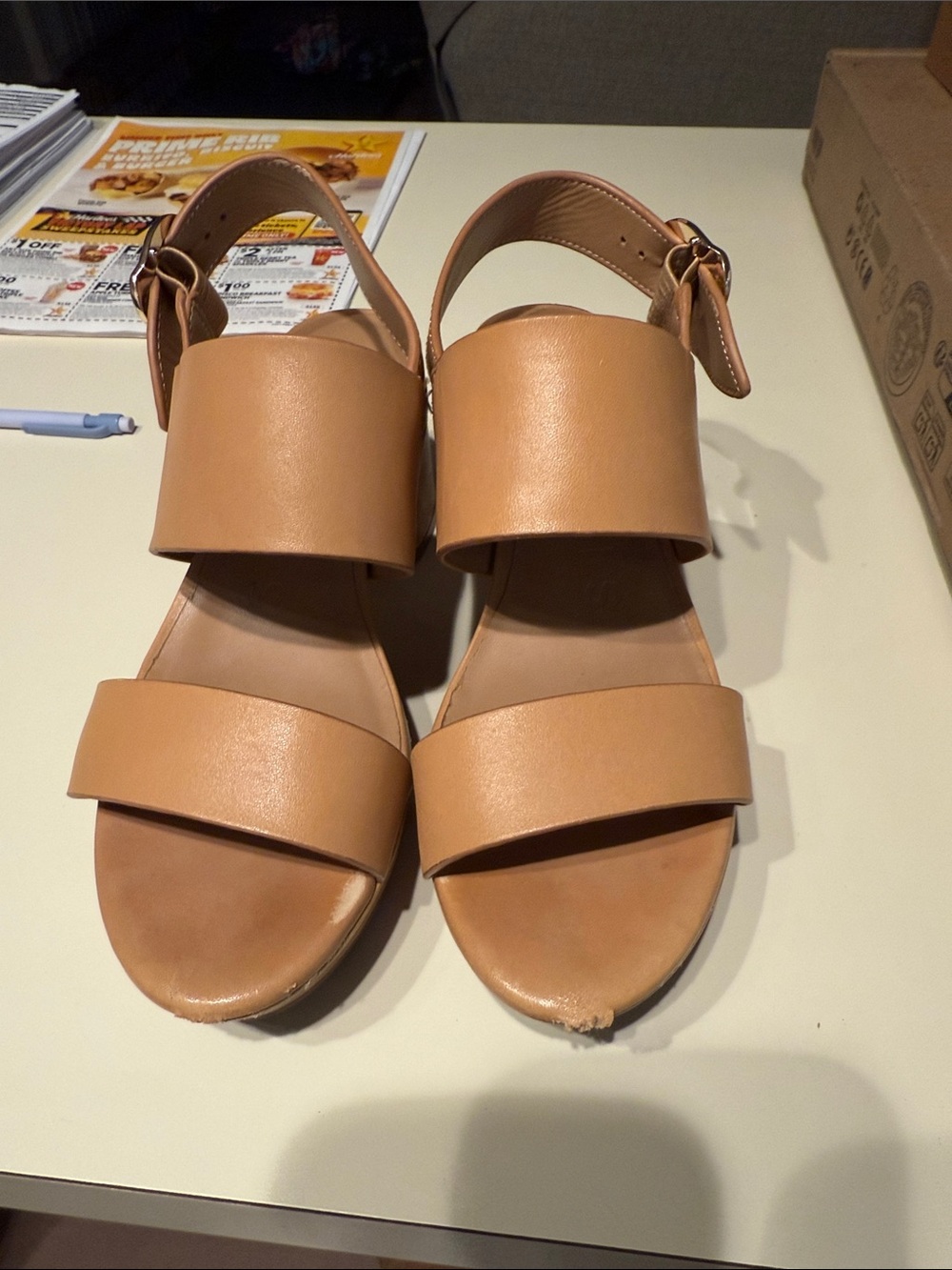 AEROSOLES Tan Double-Strap Ankle Buckle Sandals